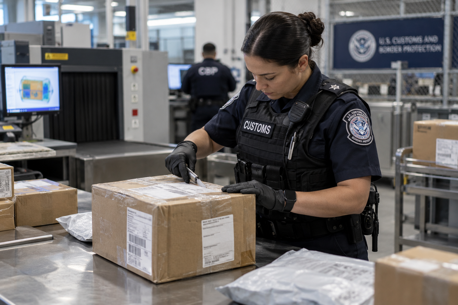 customs officer inspecting a parcel