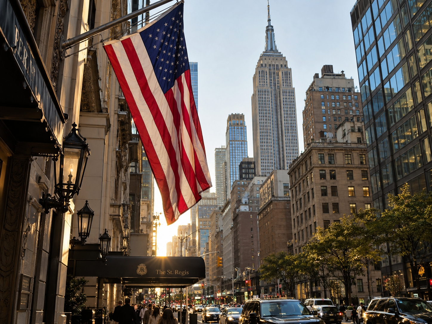 American flag hanging during golden hour in Manhatten